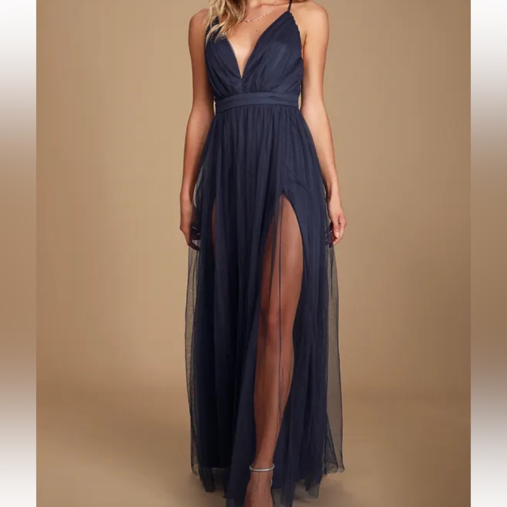 LULUs Navy Blue Tulle Backless Maxi Dress